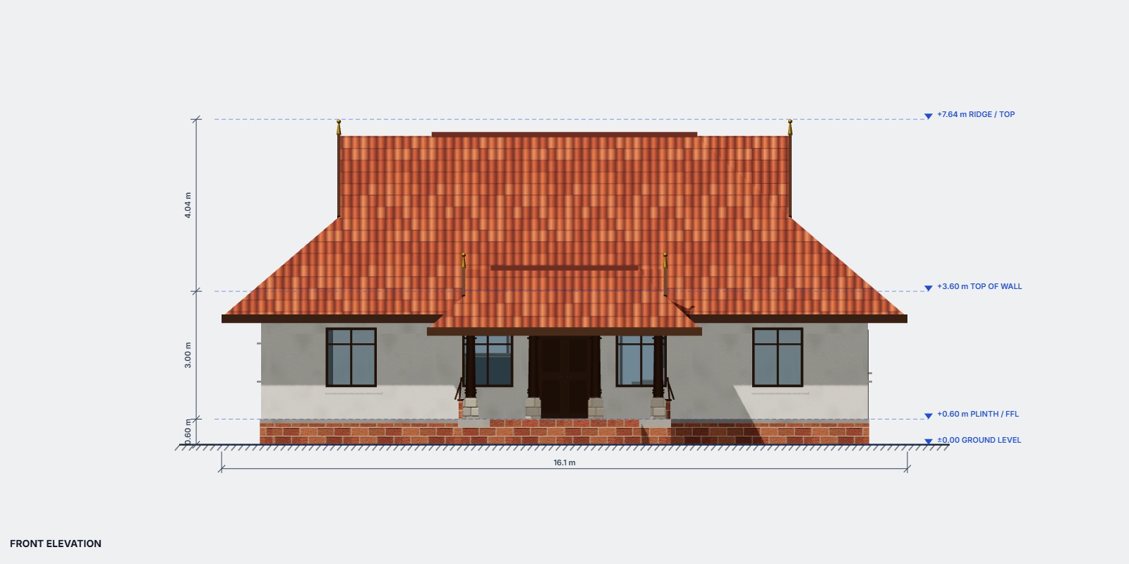 Front elevation with ground, plinth, wall-top and ridge levels