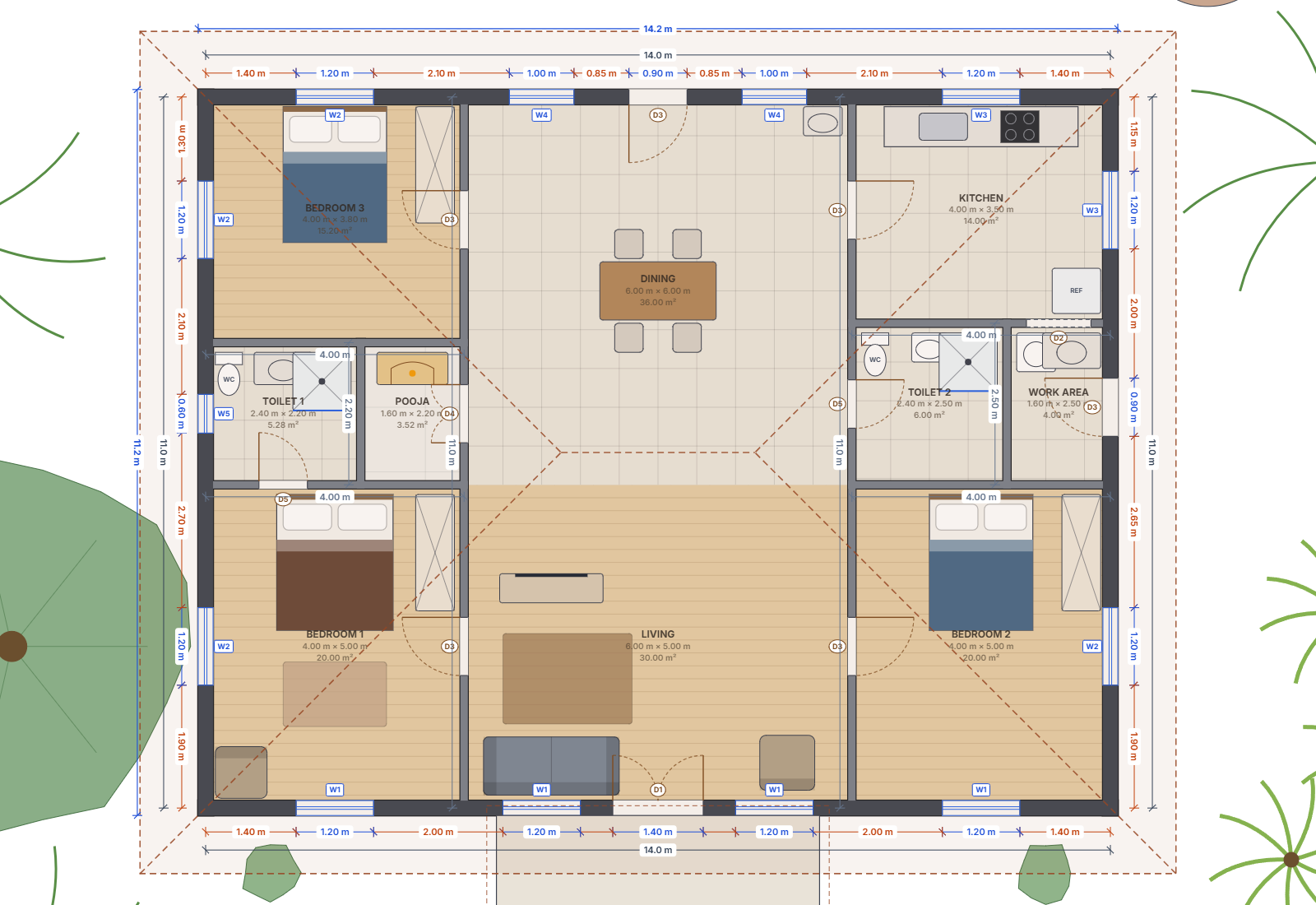 Floor plan with room sizes, door and window tags and dimension chains